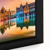 Extra large framed canvas featuring a textured, colorful European scenery with black accents, ideal for living room decor.