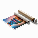 Rolled print of a European scenery with vibrant floral elements in pastel shades, ideal for classy bathroom wall art.