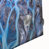 Large abstract depiction of Icelandic scenery in muted gray and blue tones on acrylic glass, ideal for dining room art.