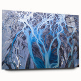 Large abstract depiction of an Icelandic landscape on acrylic glass, featuring cool blue and gray tones.