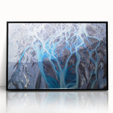 Large abstract wall art depicting a serene Icelandic landscape in muted gray and blue tones, framed in black acrylic.