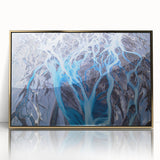 Acrylic print of a serene Icelandic landscape in muted earth tones, framed in gold, suitable for modern art wall decor.