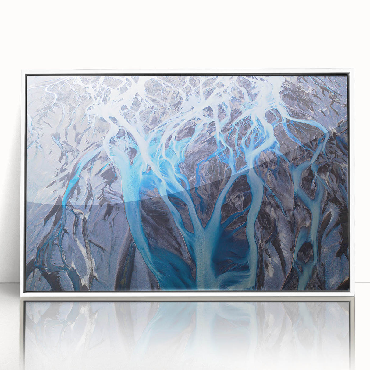 Mid-century modernist art acrylic print depicting an Icelandic landscape in muted cool tones, ideal for nursery wall decor.
