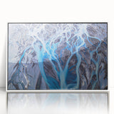 Mid-century modernist art acrylic print depicting an Icelandic landscape in muted cool tones, ideal for nursery wall decor.