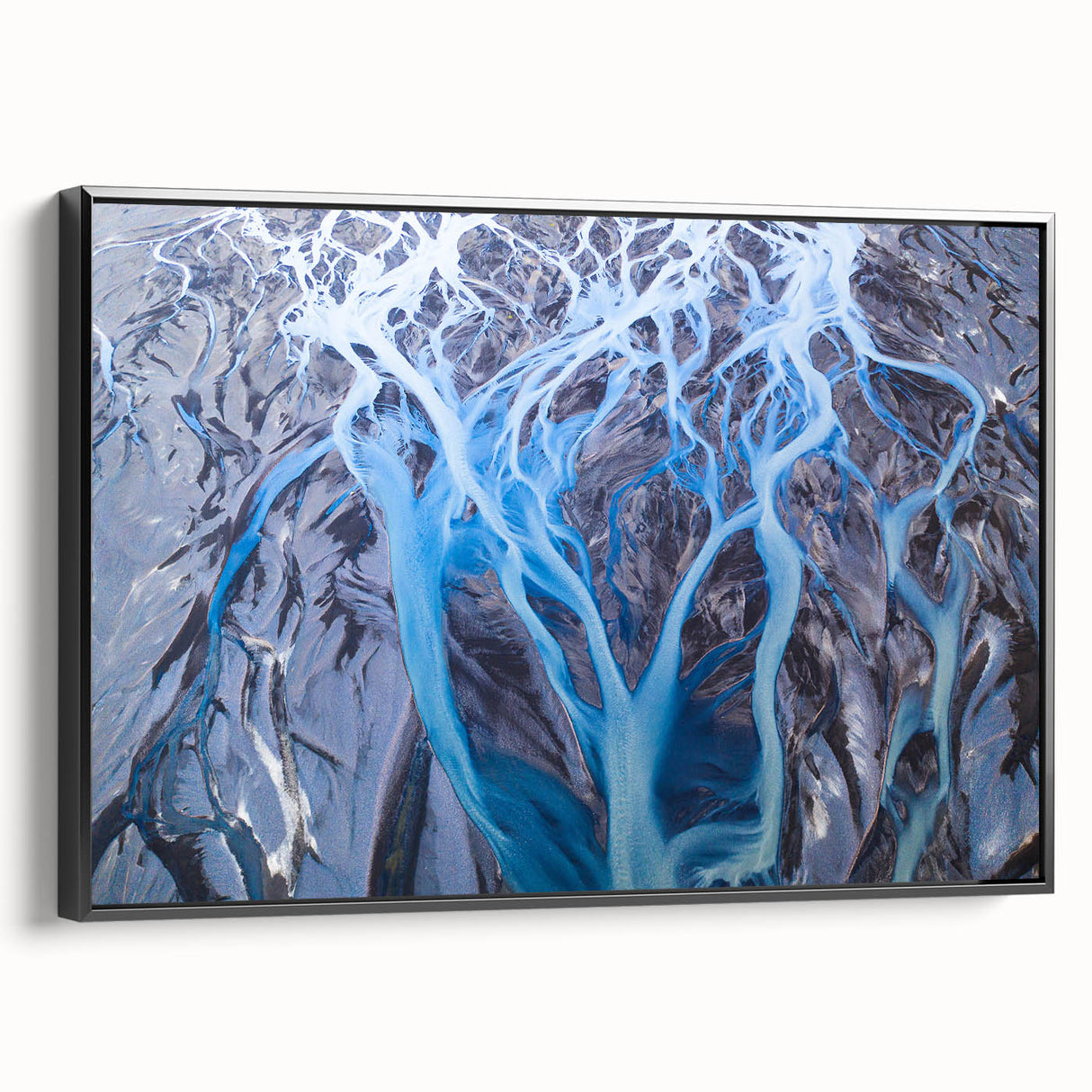 Black and white landscape art painting of Icelandic scenery on framed canvas, suitable for bedroom wall decor.
