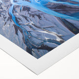 Art deco poster featuring a serene Iceland landscape in cool blue and gray tones on rolled canvas.