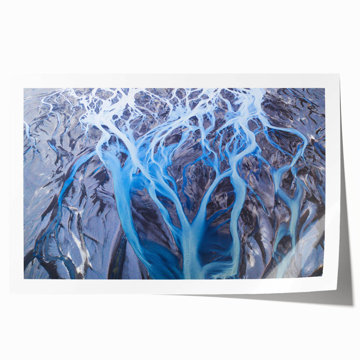 Rolled print of a serene Icelandic landscape with muted green and blue tones, ideal for art wall dining room.