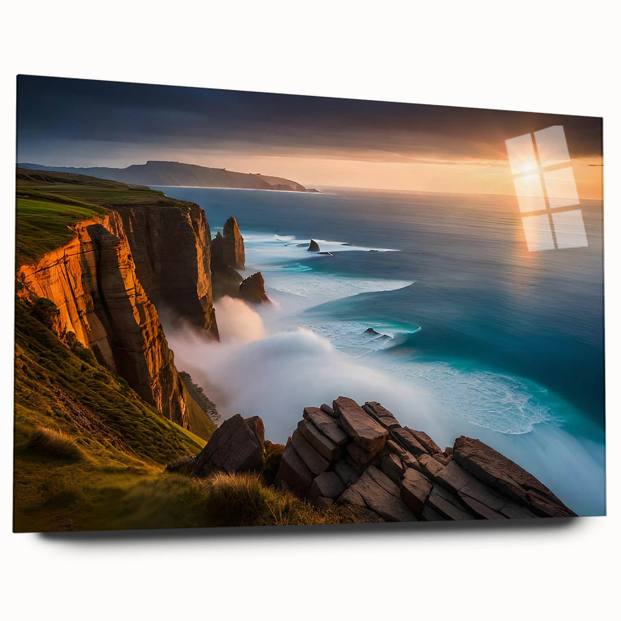 Acrylic print of a serene Irish landscape in muted green and blue tones, ideal for bedroom or dining room decor.