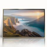 Acrylic print of a serene Irish landscape in green and gold tones, framed in gold, suitable for modern art wall decor.