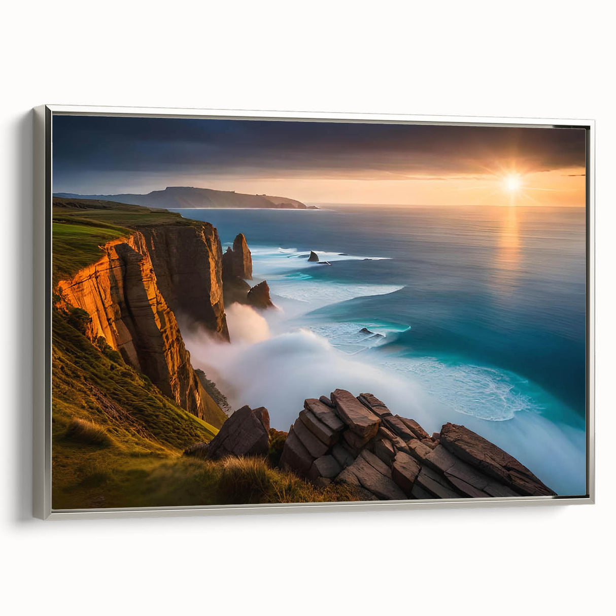 Framed canvas featuring a vintage-style landscape painting of an Irish scenery, in muted green and blue tones.