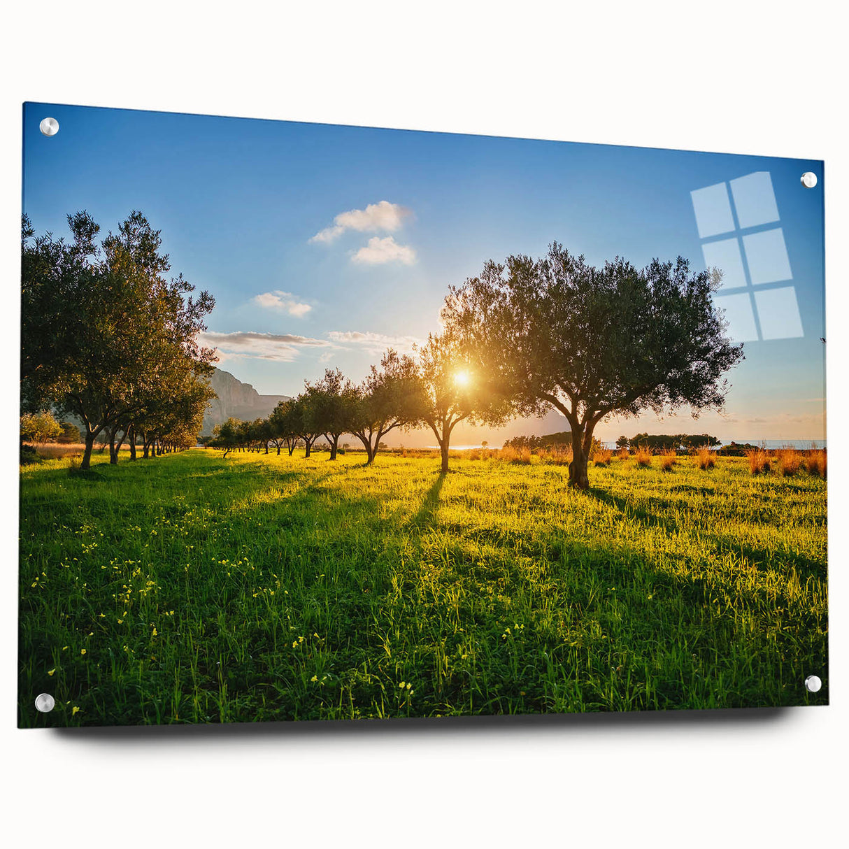 Acrylic print of a Sicilian landscape in muted earth tones, ideal for dining room decor.