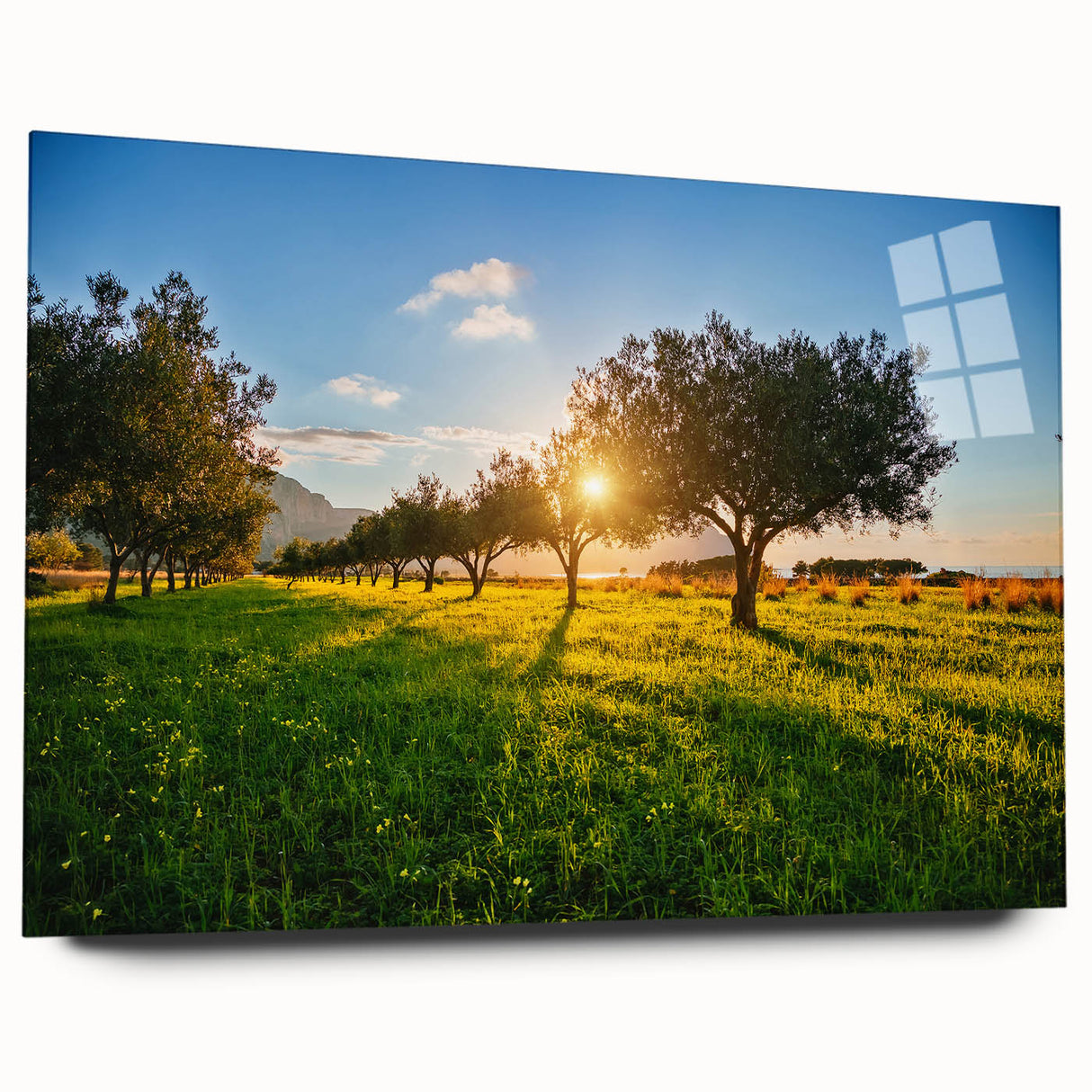 Acrylic print of a Sicilian landscape featuring muted earth tones, ideal for bedroom or dining room decor.