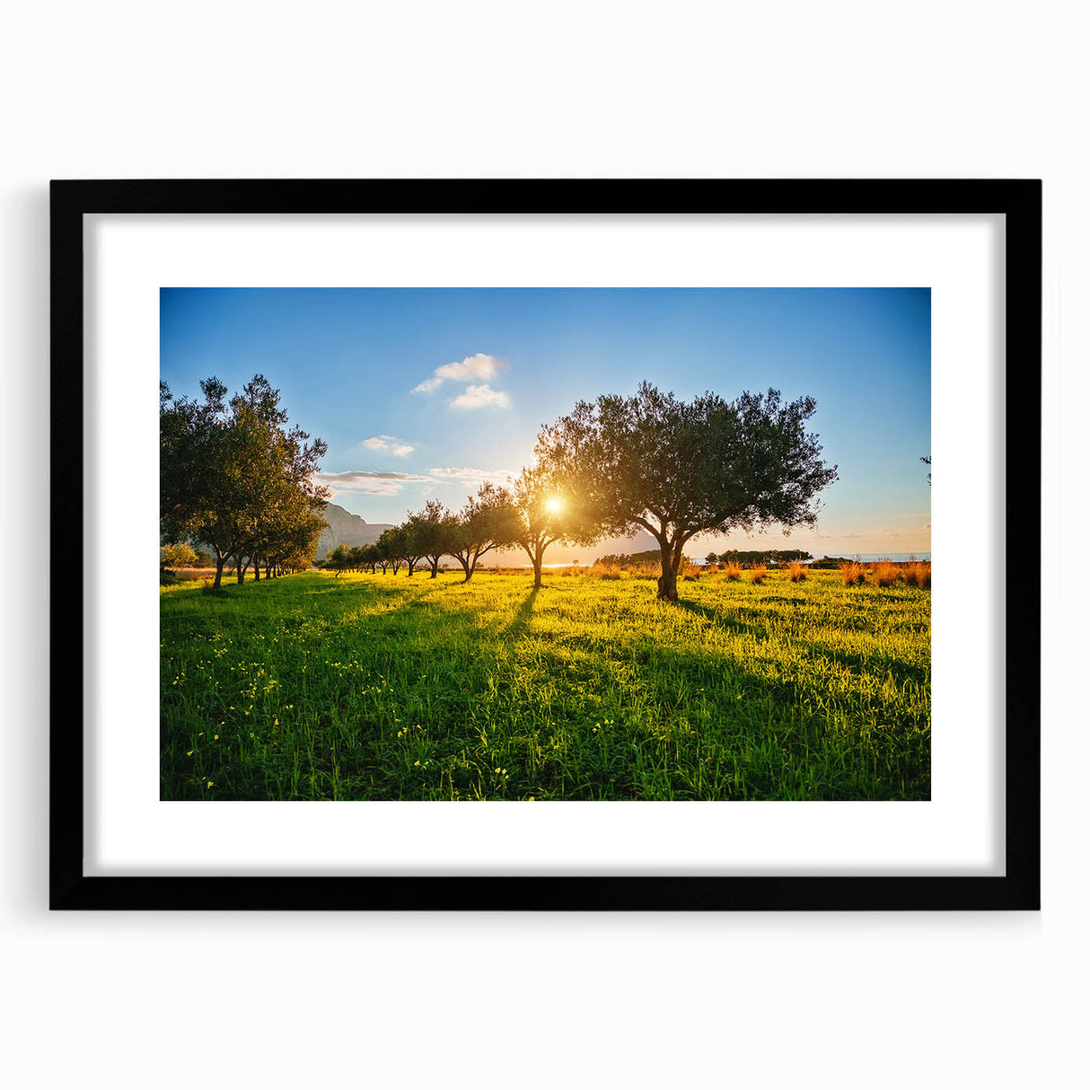 Extra large framed print of abstract Sicilian scenery in vibrant, colorful hues, ideal for living room decor.