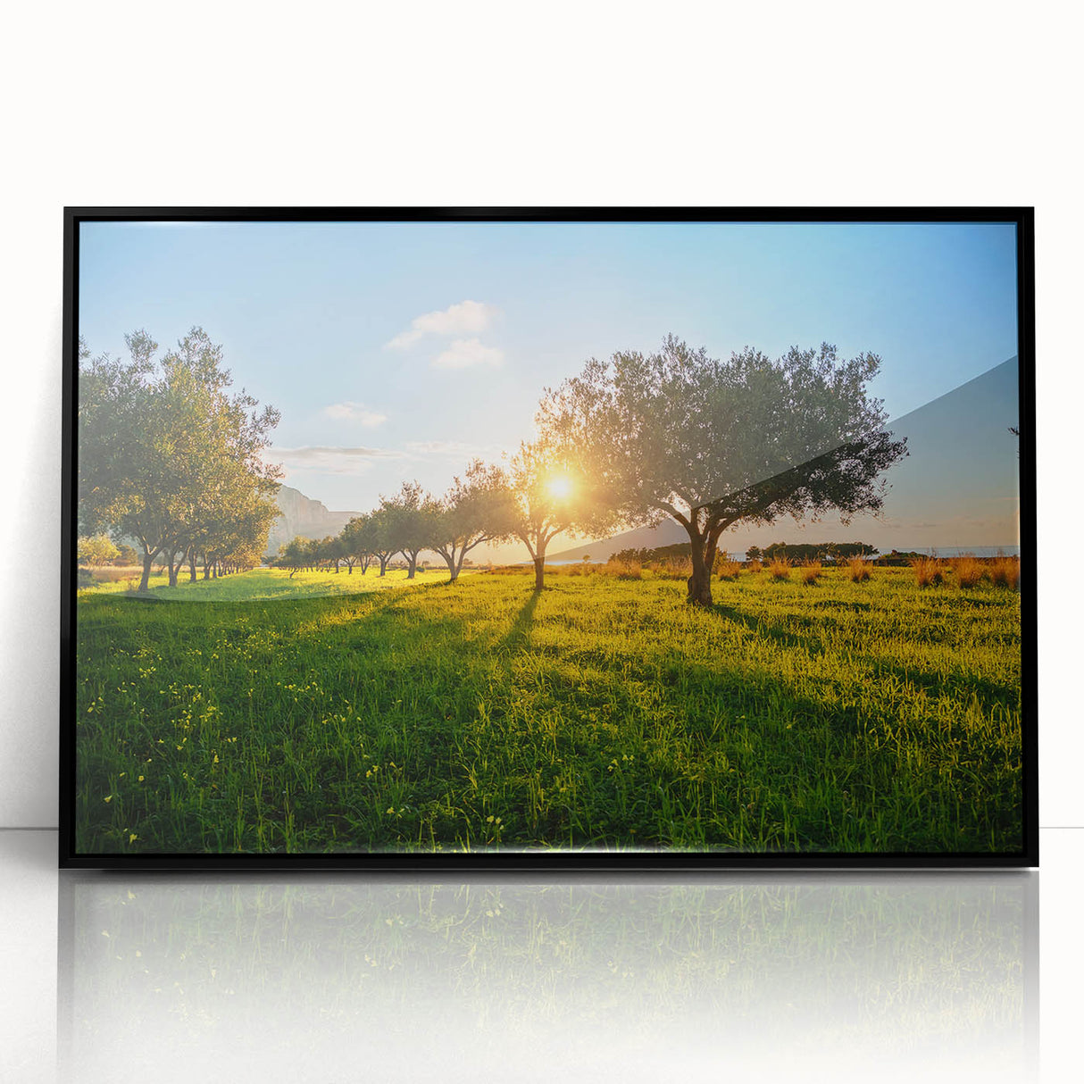 Large abstract wall art depicting a Sicilian landscape in muted earth tones on a framed acrylic.