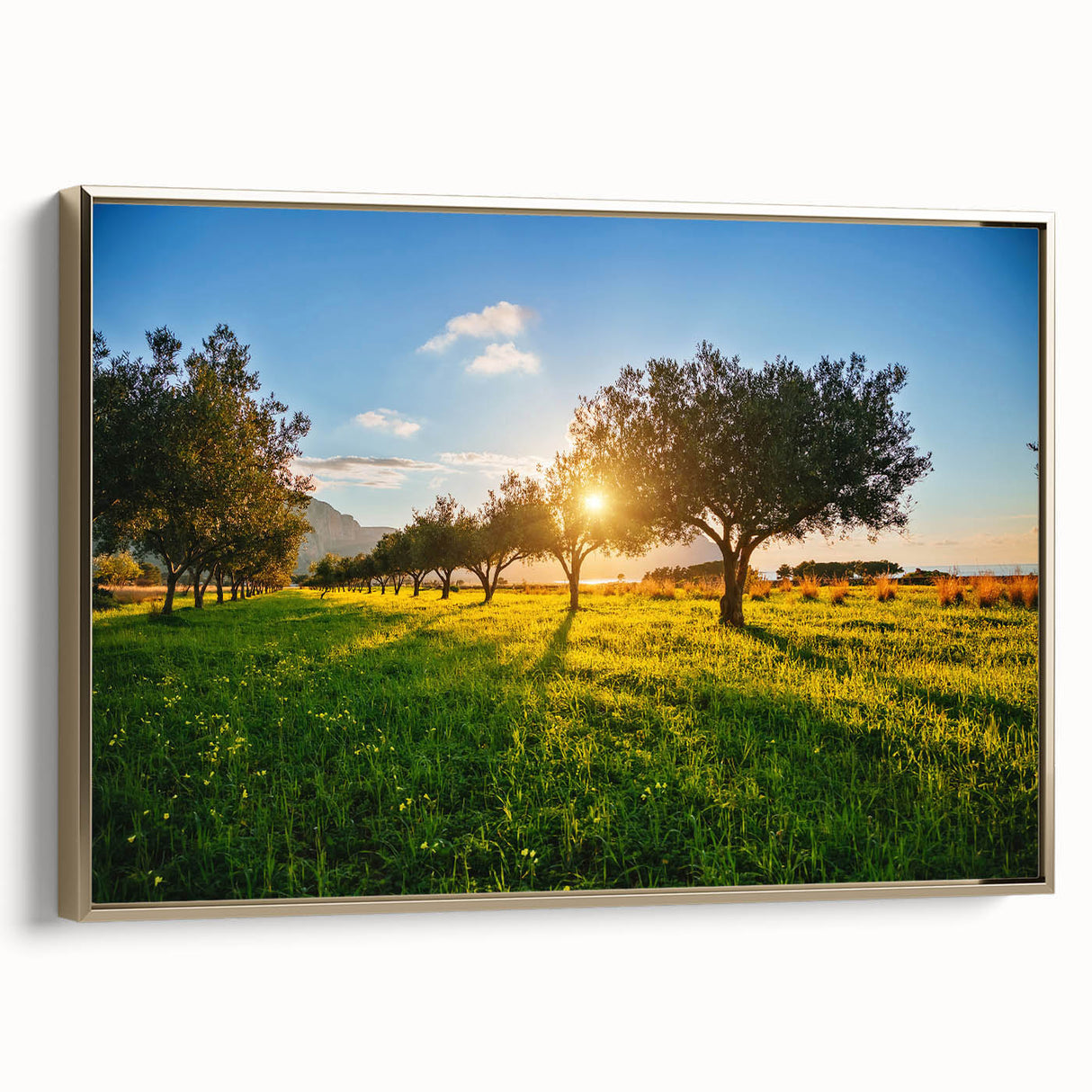 Framed canvas featuring a vintage-style landscape painting of Sicilian scenery, with muted earth tones.