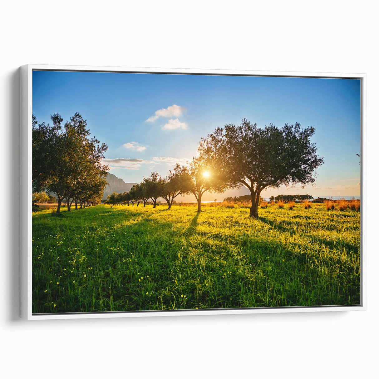 Vintage poster art of a Sicilian landscape on extra large framed canvas, featuring vibrant colors against a black background.