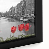Extra large framed canvas featuring a textured depiction of Venice in muted black with colorful accents.