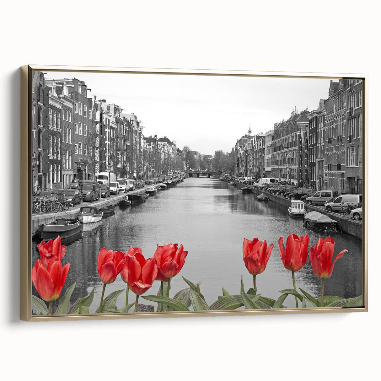 Framed canvas of a vintage-style Venice landscape in muted gold and black tones, ideal for bedroom wall art.