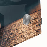 Large abstract wall art featuring a mid-century modernist design of a European cityscape in muted gray and blue tones on…