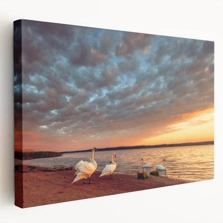 Large stretched canvas depicting a serene Lithuanian landscape, with muted green and blue tones, ideal for kitchen wall art.