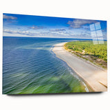 Large abstract wall art of a European scenery in muted blues and greens on acrylic glass.