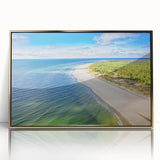 Art deco poster featuring a scenic European landscape in gold and blue tones, acrylic print framed.