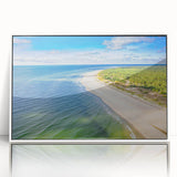 Mid-century modernist acrylic print of a European scenery in muted colors, ideal for nursery wall art.