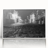 Mid-century modernist art depicting Barcelona scenery in muted gray and blue tones, framed acrylic.