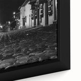 Extra large framed canvas featuring a textured depiction of a Barcelona street scene in black with vibrant color accents.