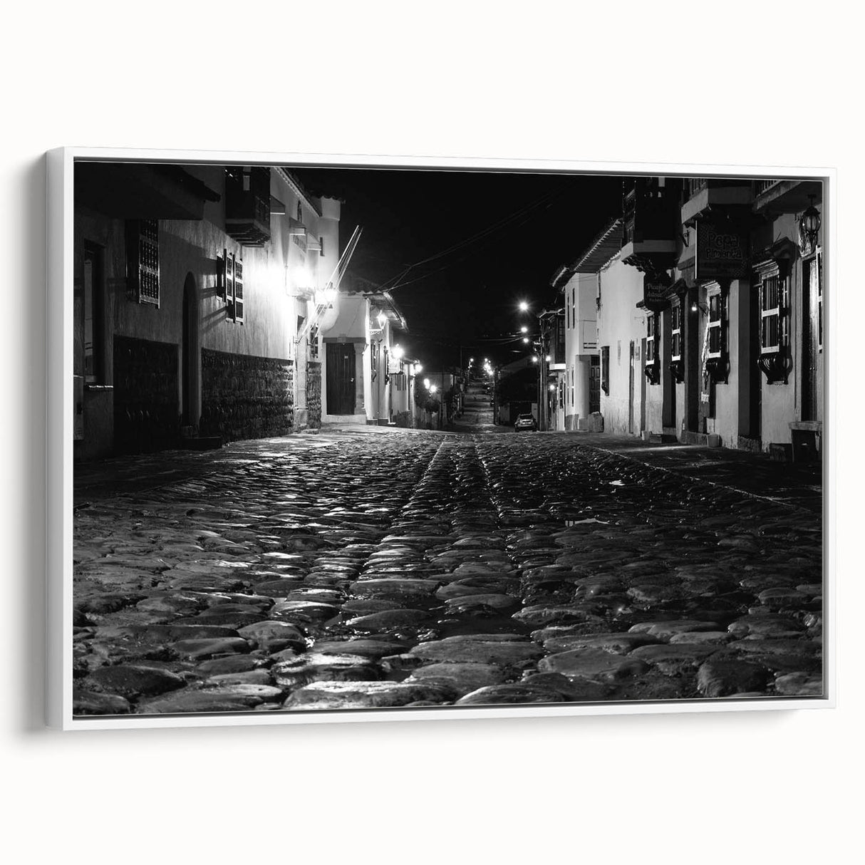 Vintage poster art of Barcelona with colorful accents on a black background, framed canvas, ideal for living room decor.