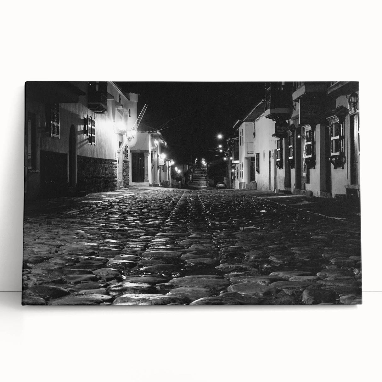 Black and white stretched canvas of Barcelona scenery, ideal for kitchen wall art.