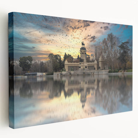 Large stretched canvas depicting a vibrant street scene in Madrid with rich red and orange tones.