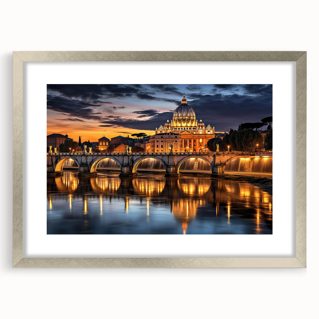 Textured art depicting the Vatican scenery in muted earth tones on a framed silver mat, ideal for bedroom wall decor.