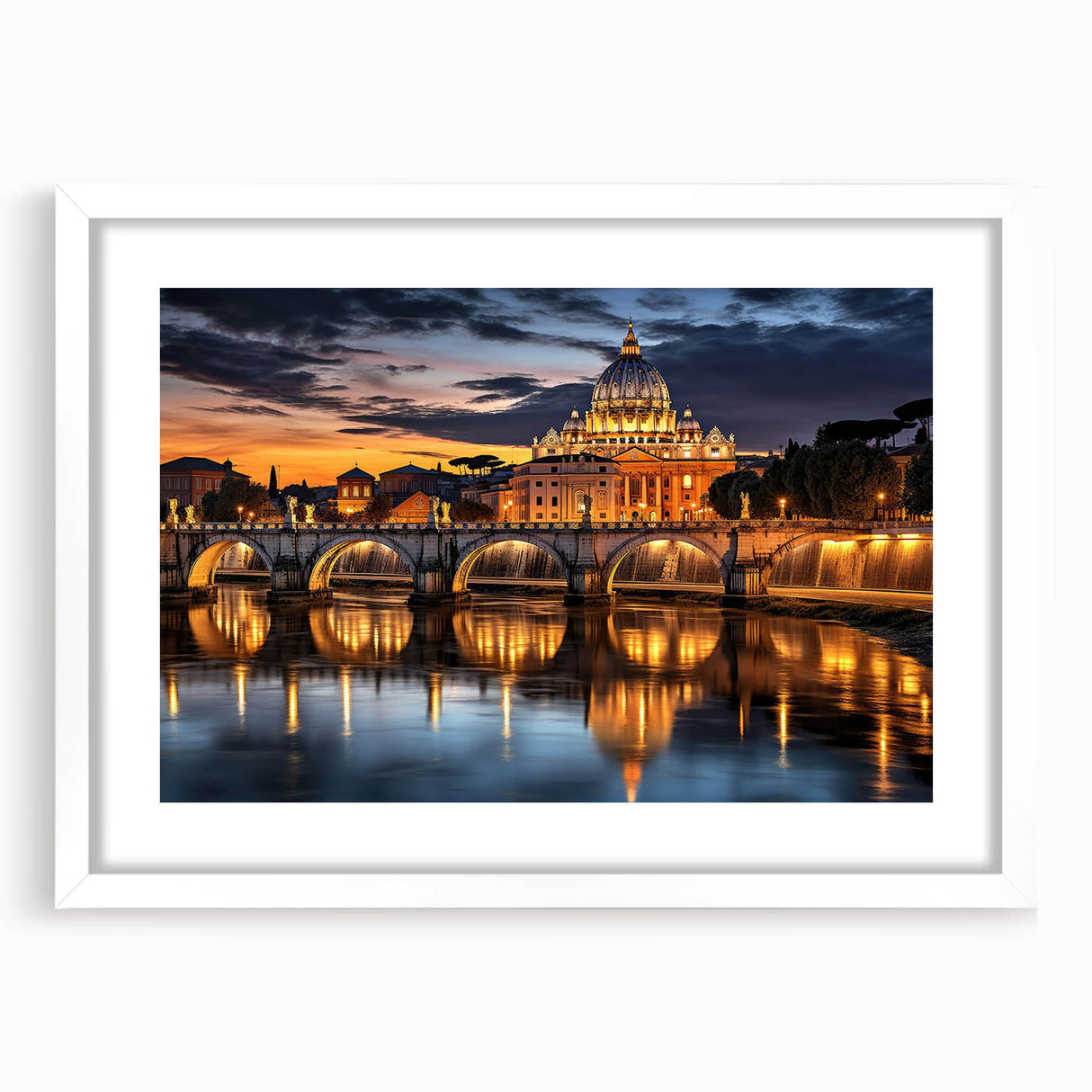 Abstract art print of the Vatican scenery in soft pastel shades on a white framed mat, suitable for dining room decor.