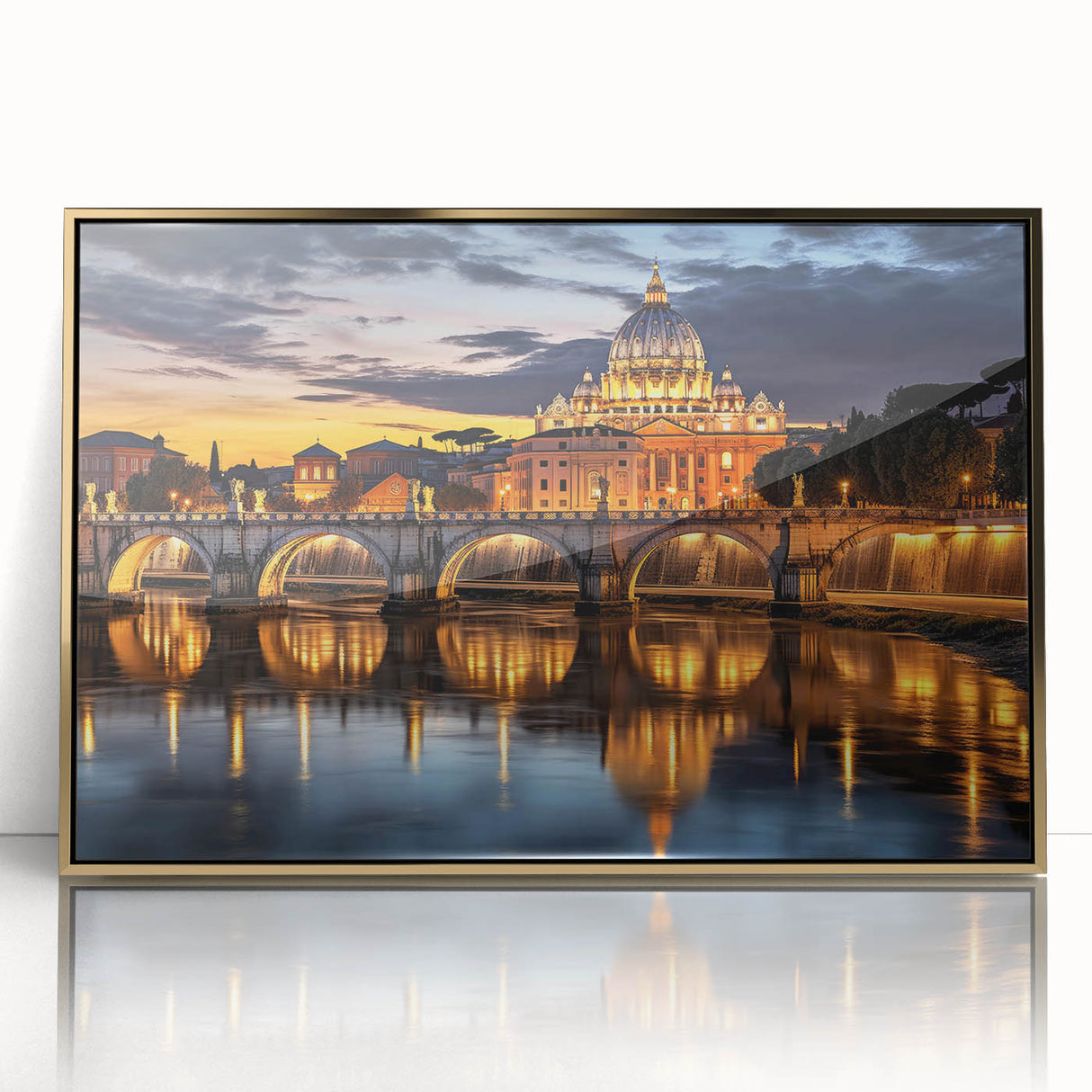 Large art print of the Vatican scenery in muted gold tones on acrylic, framed, in a mid-century modernist style.