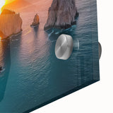 Large abstract wall art depicting Baja California scenery in mid-century modernist style on acrylic glass.