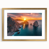 Extra large abstract art print of Baja California scenery in a gold frame, featuring textured earth tones.