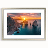 Textured abstract art print of Baja California scenery in muted earth tones, framed in silver, suitable for bedroom art.