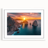 Abstract art print of Baja California scenery in muted earth tones on a framed white mat, suitable for dining room decor.