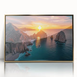 Large art print of Baja California scenery in mid-century modernist style, with acrylic frame and gold tones.