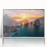 Acrylic print of Baja California scenery in art deco style with pastel color palette, framed in white.