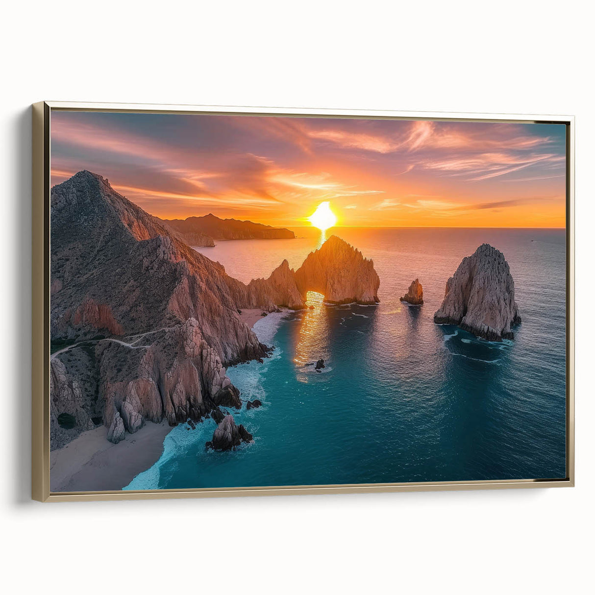 Framed canvas featuring a vintage-style landscape of Baja California in muted gold and black tones.