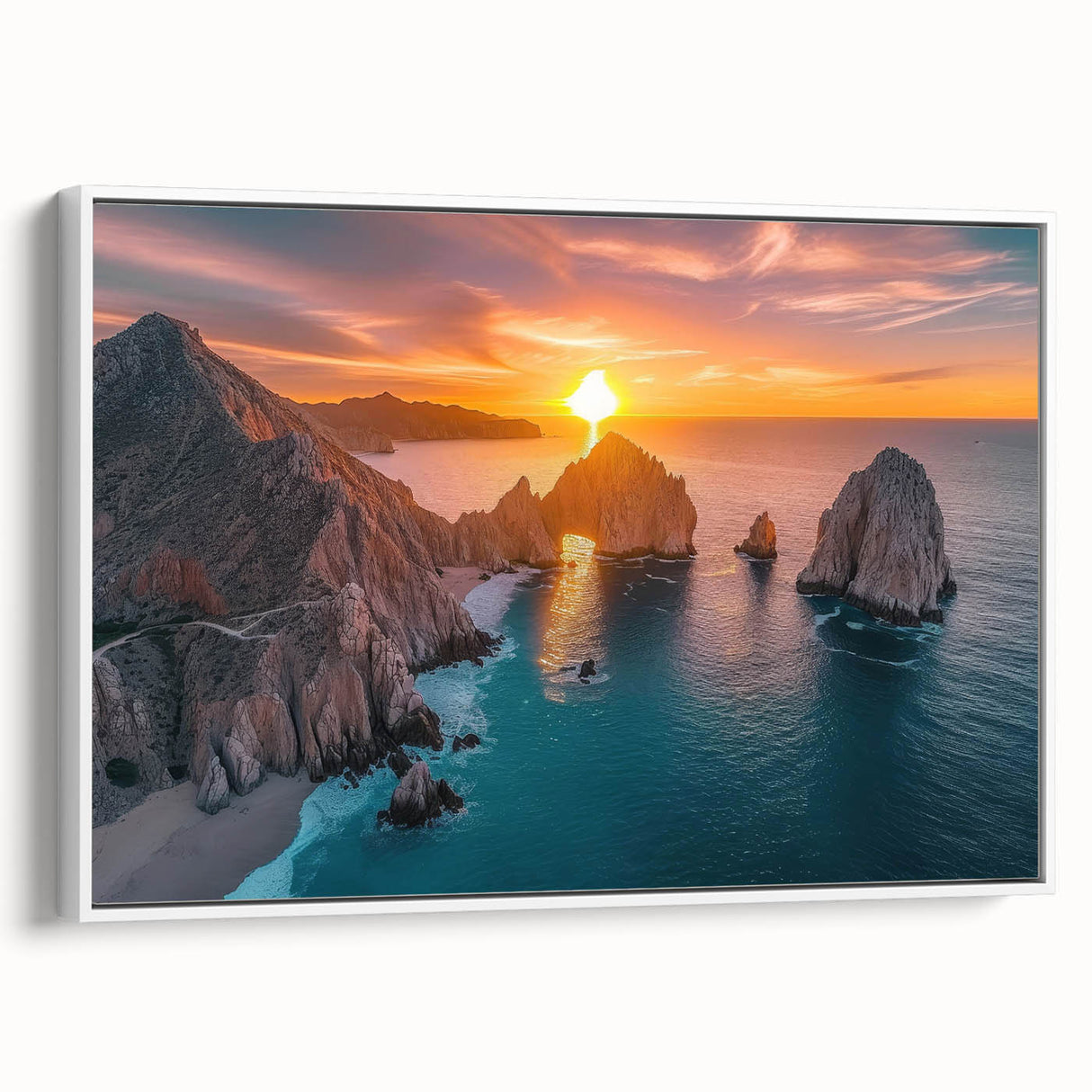 Vintage poster art of Baja California scenery on framed canvas, featuring colorful art in a white frame.