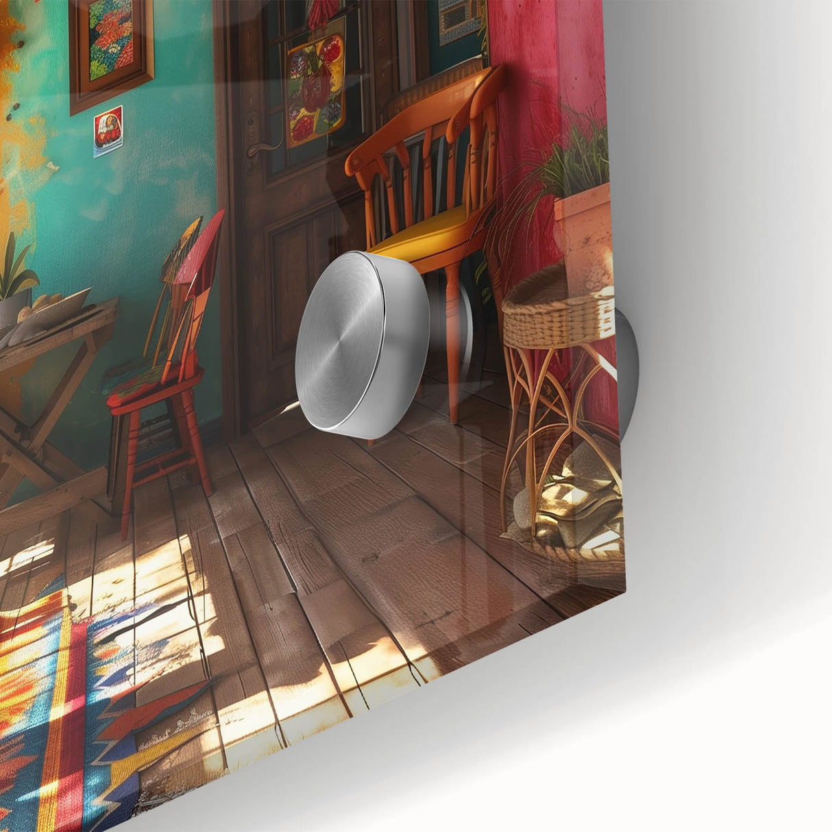 Large abstract depiction of Mexico City on acrylic glass in mid-century modernist style, suitable for dining room art.