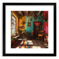 Colorful abstract art print of Mexico City, featuring vibrant hues on a large framed canvas, ideal for living room decor.