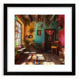 Colorful abstract art print of Mexico City, featuring vibrant hues on a large framed canvas, ideal for living room decor.