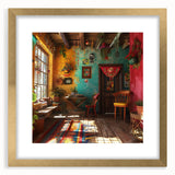 Extra large abstract art print of Mexico City skyline in textured gold frame, ideal for living room decor.