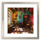 Textured abstract art print of Mexico City, in muted earth tones on a silver-framed mat, ideal for bedroom art.