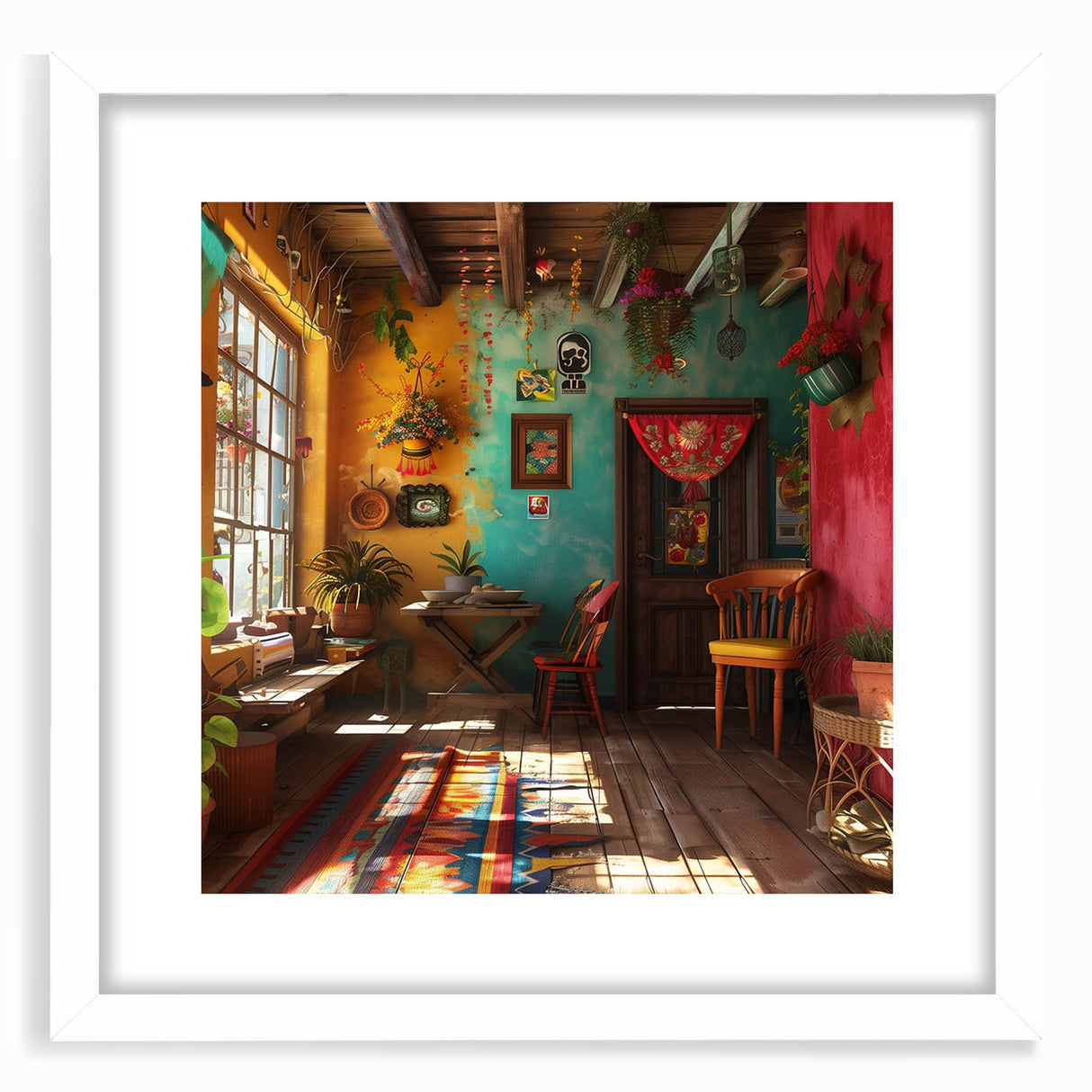 Abstract art print of Mexico City in muted gray and blue tones, framed with a white mat, ideal for dining room decor.