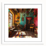 Abstract art print of Mexico City in muted gray and blue tones, framed with a white mat, ideal for dining room decor.